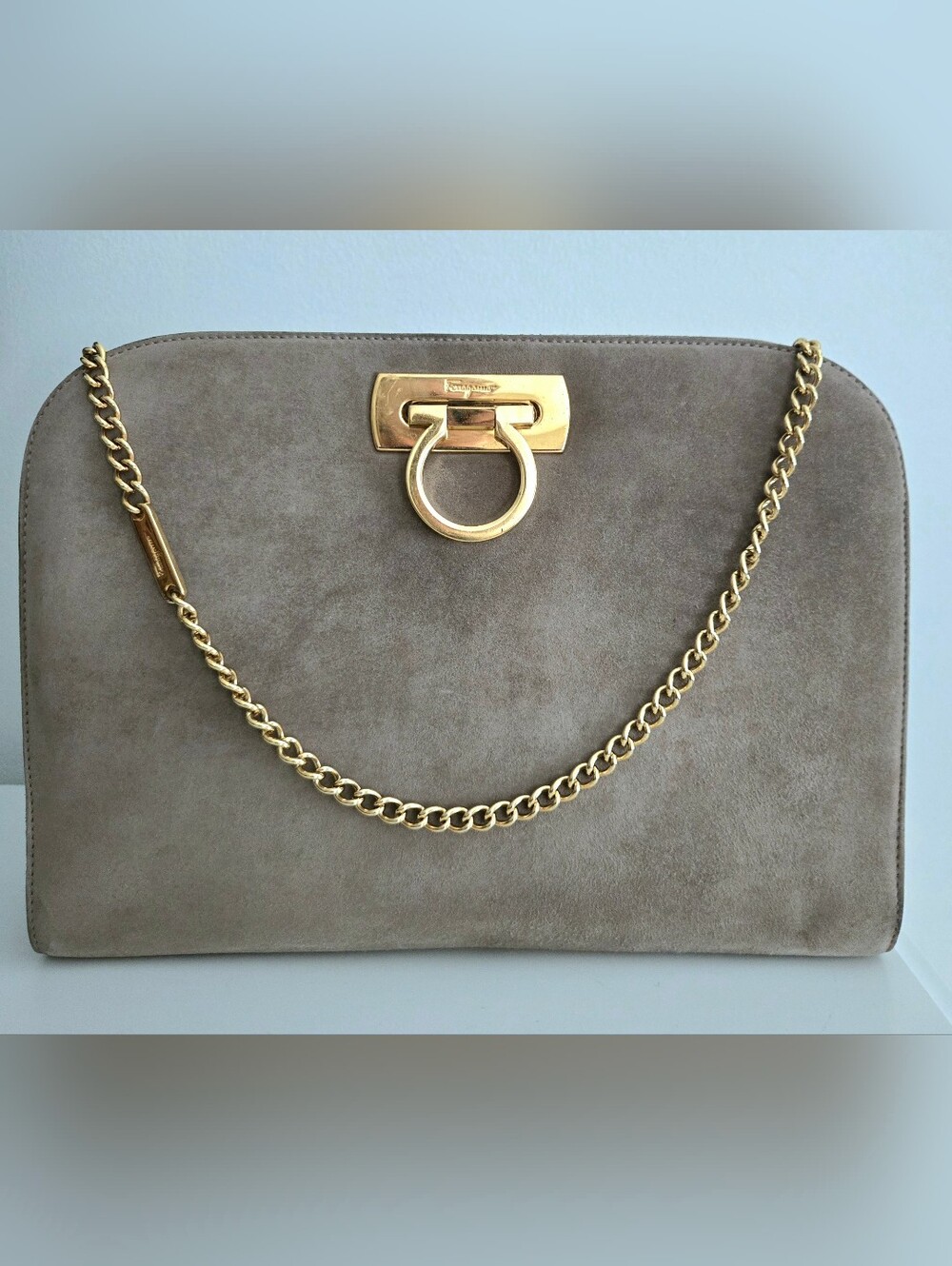 Authentic SALVATORE FERRAGAMO Rare 1990 Diana Spencer Grey Suede Gancini‎ Clutch